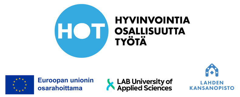 HOT-hankkeen, rahoittajan (EU) sekä LAB-ammattikorkeakoulun ja Lahden kansanopiston logot