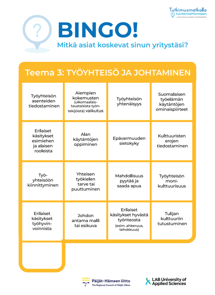 Bingo: Työyhteisö ja johtaminen